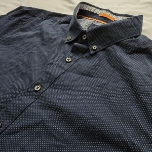 Denim & Flower Ricky Singh Navy Polka Dot Button Down Shirt Slim Fit Size L